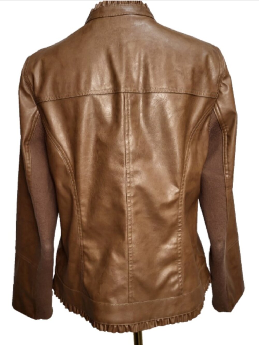 Chico's Size 1 (Reg. Med.) Tan Faux Leather Jacket Full Zip Lined Side Pockets - Picture 4 of 16